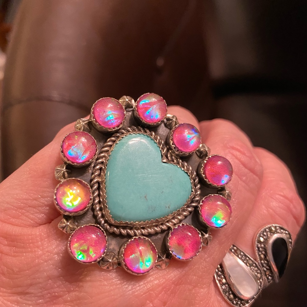Iridized Glass turquoise Opal heart ring